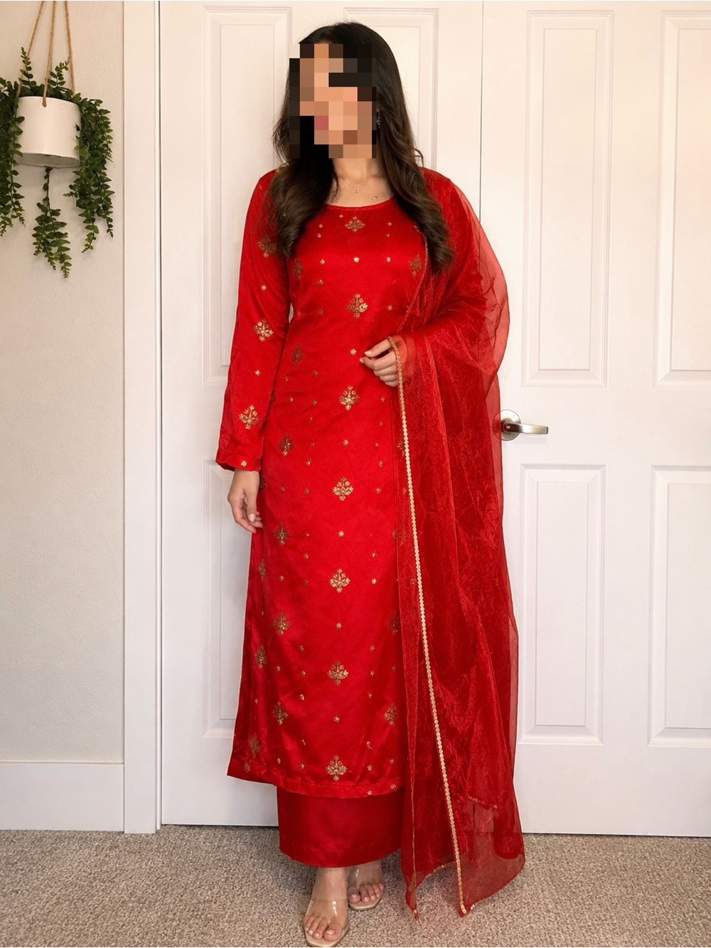 Ethnic Indian Wear Red Embroidered Women Kurta Bottoms Set